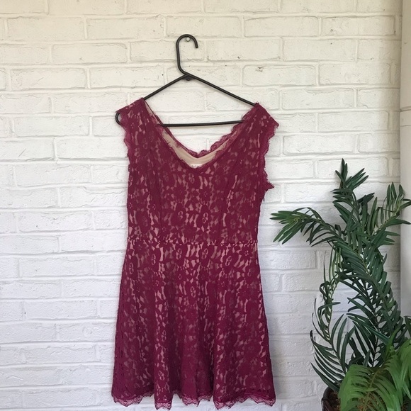 Altar'd State Dresses & Skirts - Altar'd State Buirgundy Lace Overlay Skater Dress-Size Large